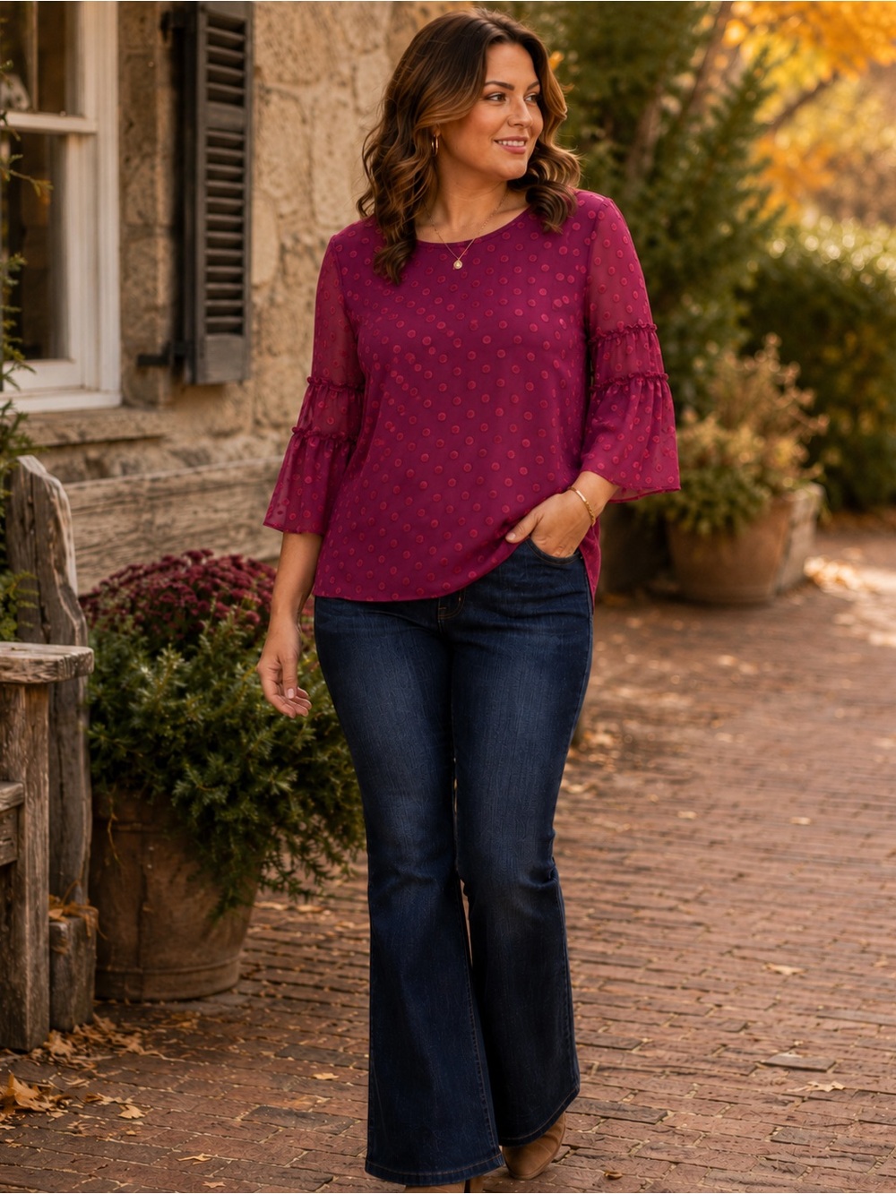 Lane Bryant 14/16 Pink Polka Dot Sheer Bell Sleeve Blouse Plus Size